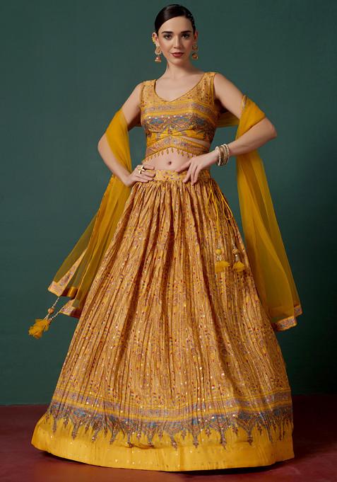 Yellow Paisley Print Lehenga Set With Blouse And Dupatta