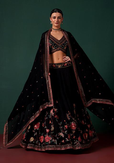 Black Embroidered Lehenga Set With Blouse And Dupatta