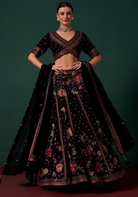 Black Embroidered Lehenga Set With Blouse And Dupatta