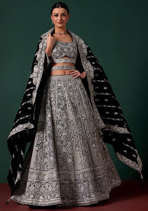 Black Lehenga And Embroidered Blouse Set With Dupatta And Belt