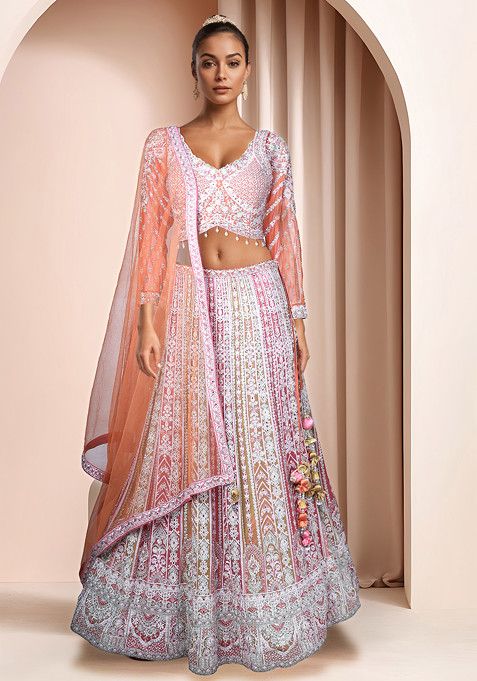 Pink Embroidered Lehenga Set With Blouse And Dupatta