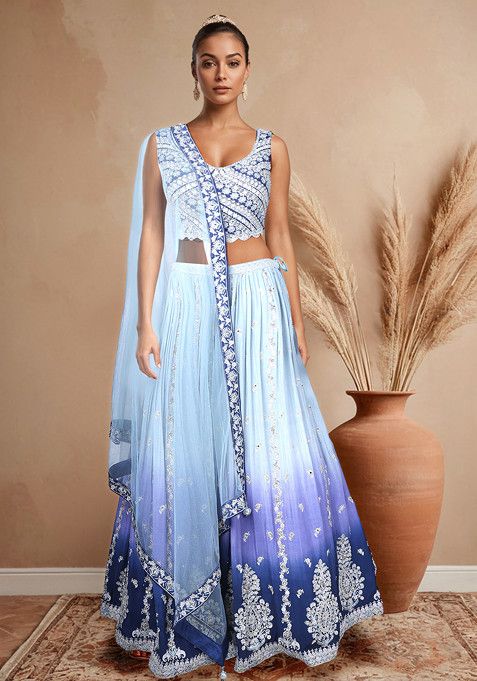 Blue Embroidered Lehenga Set With Blouse And Dupatta