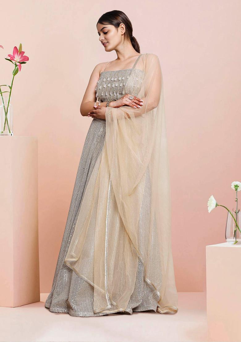 Beige Lehenga Set With Hand Embroidered Blouse and Dupatta
