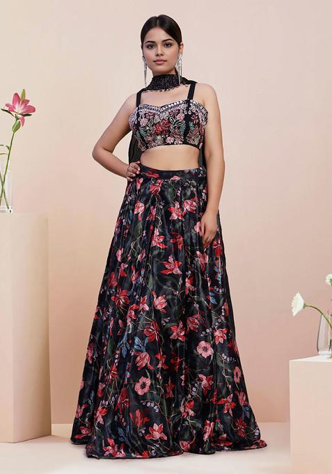 Black Lehenga Set With Hand Embroidered Blouse and Dupatta