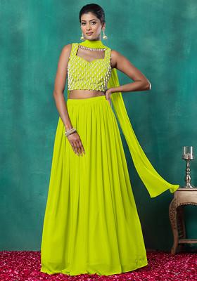 Bright Green Lehenga Set With Geometric Pearl Hand Embroidered Blouse And Dupatta