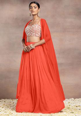 Orange Lehenga Set With Sequin Pearl Hand Embroidered Blouse And Mesh Jacket