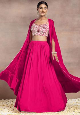 Pink Lehenga Set With Sequin Pearl Hand Embroidered Blouse And Mesh Jacket