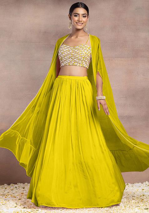 Yellow Lehenga Set With Sequin Pearl Hand Embroidered Blouse And Mesh Jacket