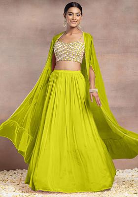 Lime Green Lehenga Set With Sequin Hand Embroidered Blouse And Mesh Jacket