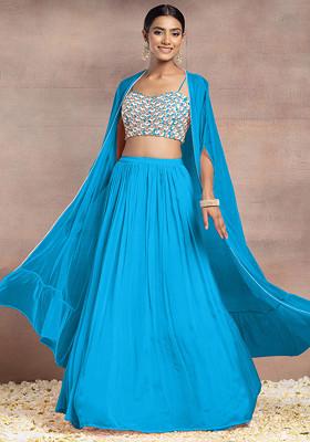 Blue Lehenga Set With Sequin Pearl Hand Embroidered Blouse And Mesh Jacket