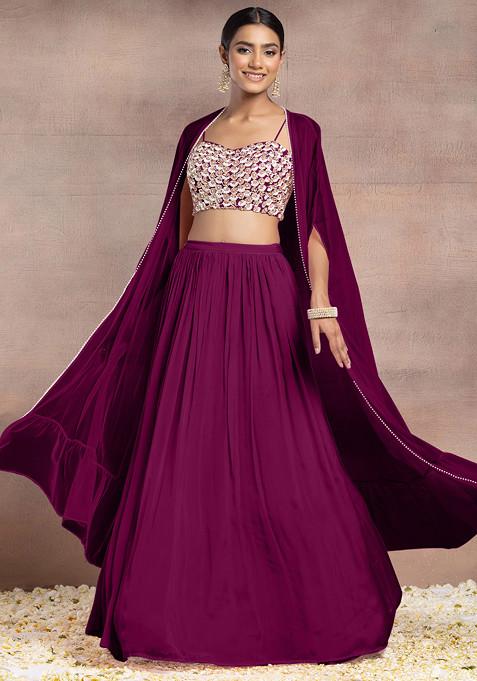 Deep Purple Lehenga Set With Sequin Hand Embroidered Blouse And Mesh Jacket