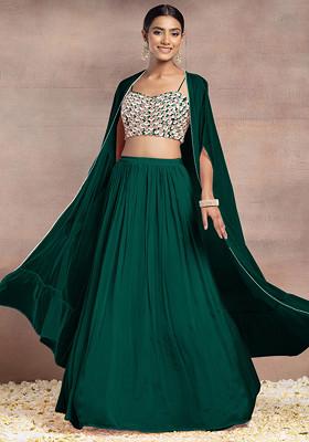 Dark Green Lehenga Set With Sequin Hand Embroidered Blouse And Mesh Jacket