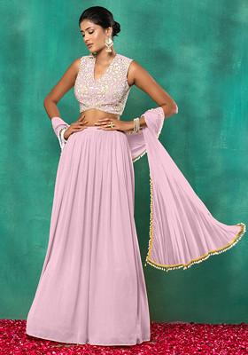 Blush Pink Lehenga Set With Sequin Hand Embroidered Blouse And Dupatta