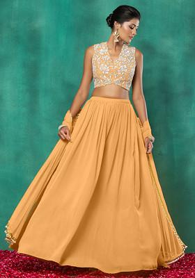 Peach Lehenga Set With Floral Sequin Hand Embroidered Blouse And Dupatta