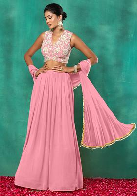 Light Pink Lehenga Set With Sequin Hand Embroidered Blouse And Dupatta