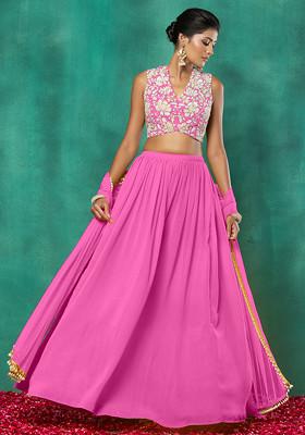 Fuchsia Pink Lehenga Set With Sequin Hand Embroidered Blouse And Dupatta
