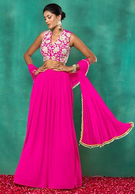 Rani Pink Lehenga Set With Floral Hand Embroidered Blouse And Dupatta
