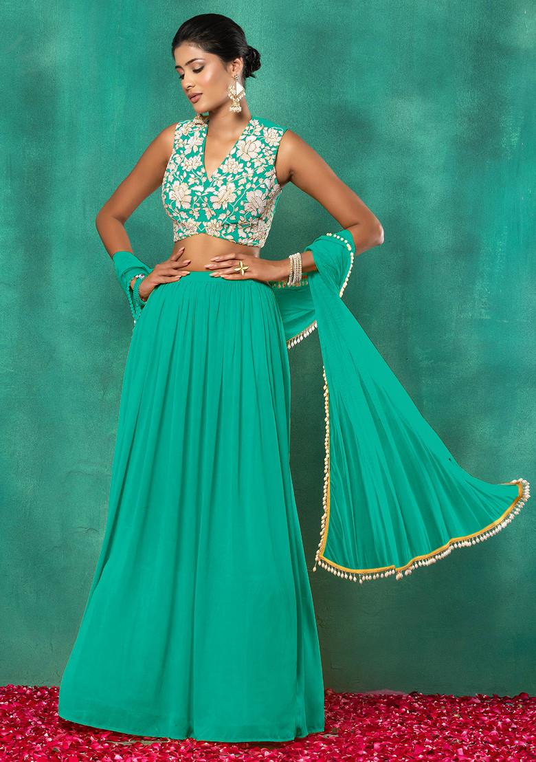Seafoam Green Lehenga Set With Sequin Hand Embroidered Blouse And Dupatta