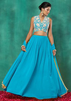 Blue Lehenga Set With Floral Sequin Hand Embroidered Blouse And Dupatta