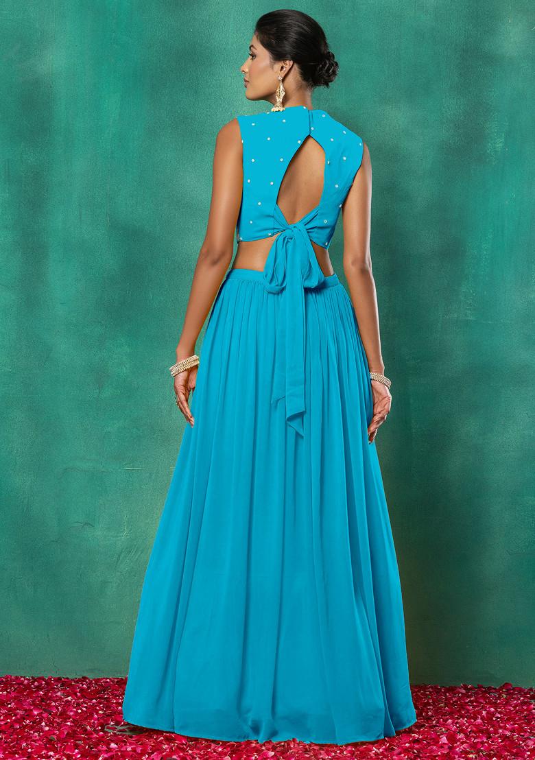 Blue Lehenga Set With Floral Sequin Hand Embroidered Blouse And Dupatta