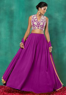 Dark Purple Lehenga Set With Floral Hand Embroidered Blouse And Dupatta