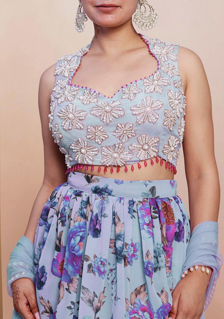 Blue Lehenga Set With Hand Embroidered Blouse and Dupatta