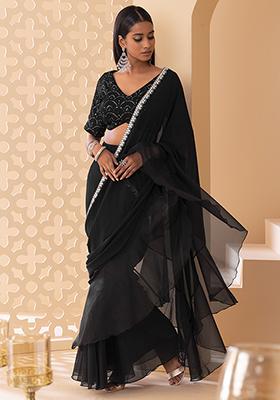 Black Organza Frilled Pre-Stitched Saree Set With Sequin Embroidered Blouse