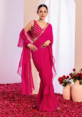 Fuchsia Pink Organza Frilled Pre-Stitched Saree Set With Embroidered Blouse