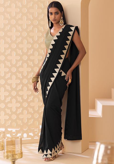 Black and Gold Zari And Mirror Embroidered Pre-Stitched Saree Set with Blouse
