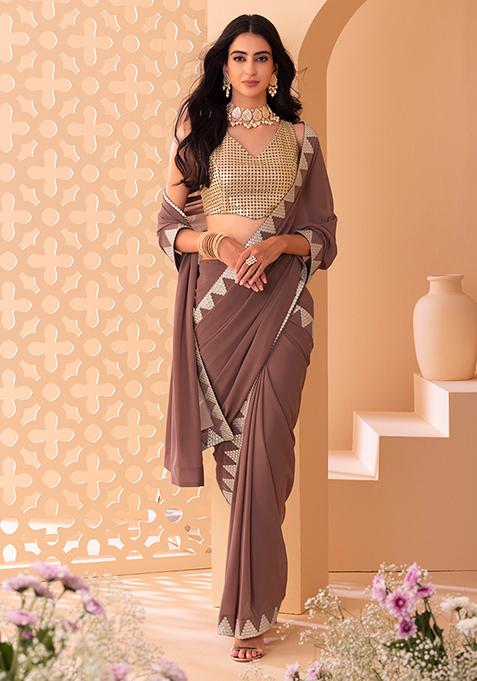 Dusty Pink Zari and Mirror Embroidered Pre-Stitched Saree Set with Blouse