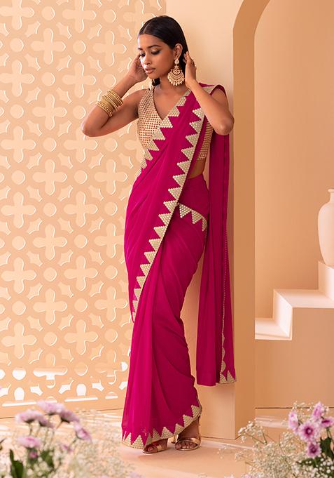 Fuchsia Pink Zari and Mirror Embroidered Pre-Stitched Saree Set with Blouse