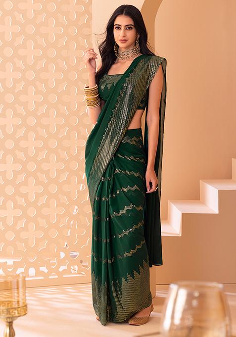 Emerald Foil Work Pre-Stitched Saree Set With Blouse