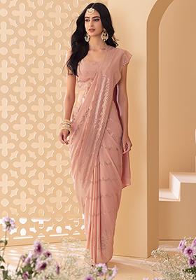 Pastel Pink Foil Work Pre-Stitched Saree Set With Blouse