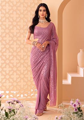 Dull Pink Sequin Embroidered Pre-Stitched Saree Set With Blouse
