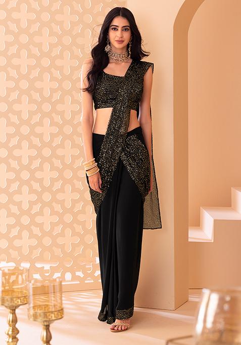 Black Sequin Embroidered Pre-Stitched Saree Set With Blouse