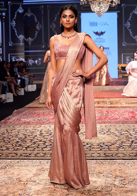 Dull Pink Textured Foil Satin Pre-Stitched Saree Set With Sequin Embroidered Blouse
