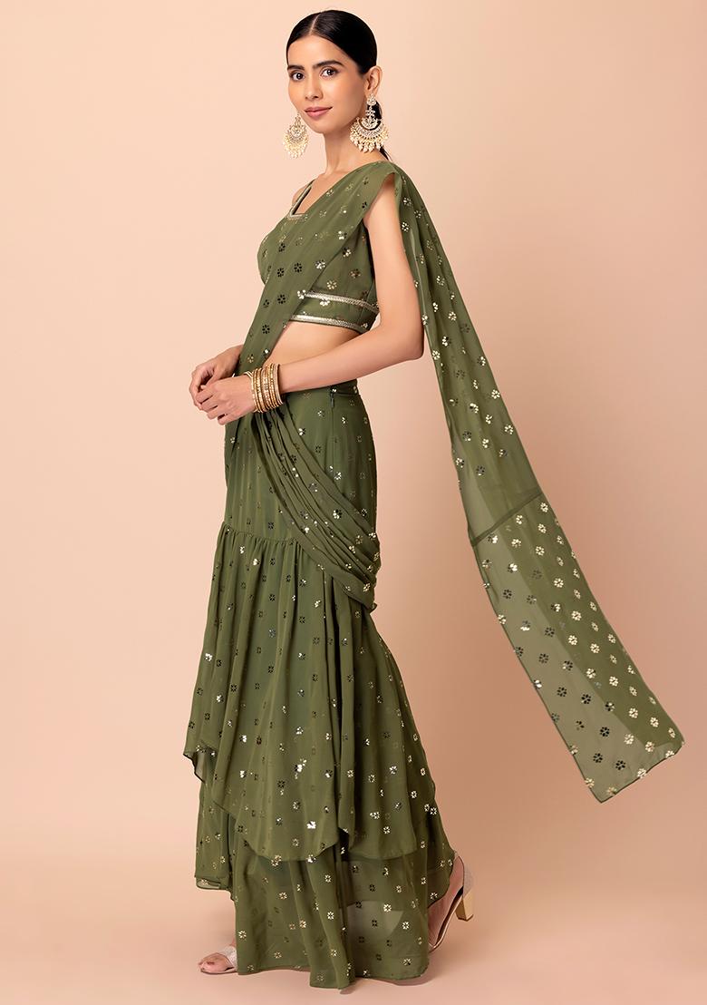Green Foil Work Pre-Stitched Saree Set With Blouse