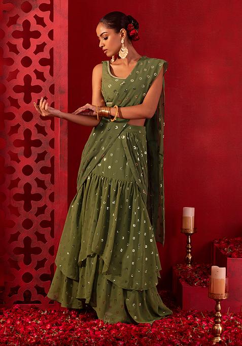 Green Foil Work Pre-Stitched Saree Set With Blouse
