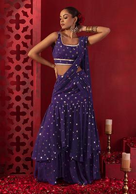 Purple Foil Work Saree Set With Blouse