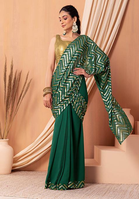 Forest Green And Silver Sequin Embroidered Pre-Stitched Saree Set With Gold Blouse 
