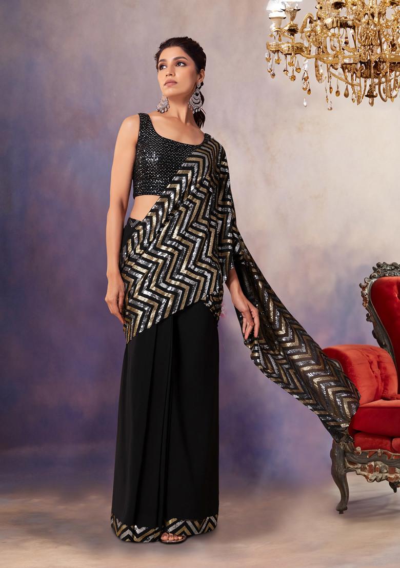 Party Wear Sarees : Black georgette pleated partywear saree ...