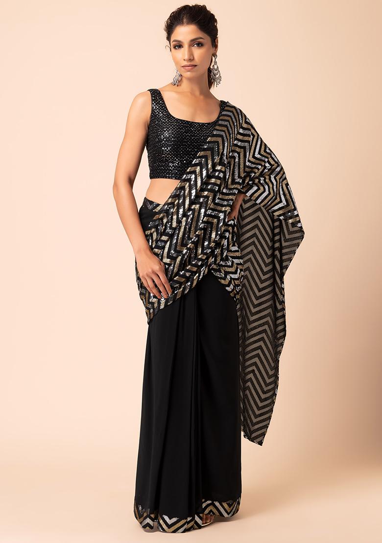 Black Pre Stitched Slit Saree With Cowl Blouse