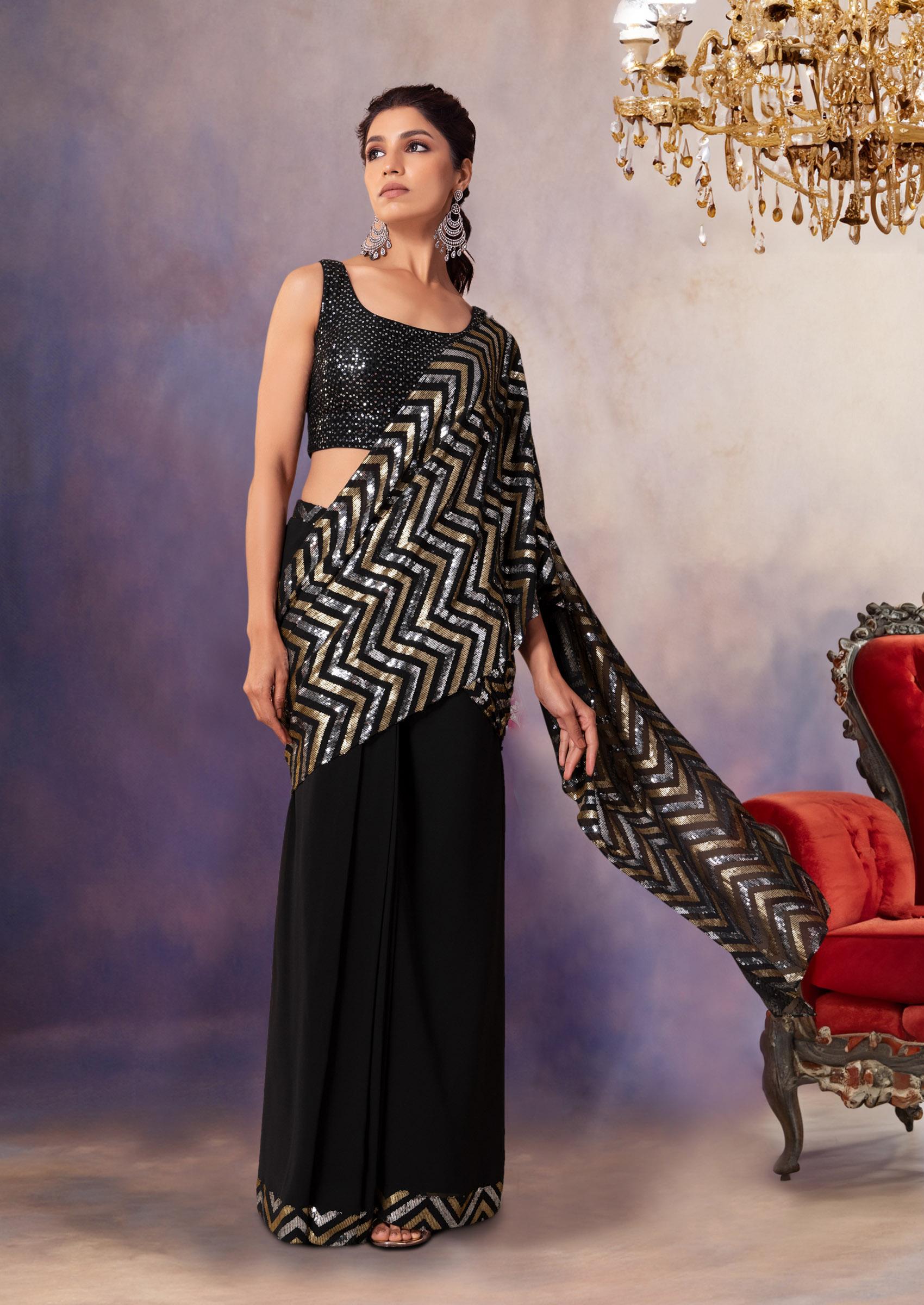 Black Rose Draped Stitch Saree – House Of Exotique