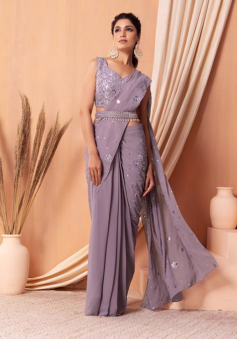 Lavender Sequin And Mirror Embroidered Pre-Stitched Saree Set With Blouse And Belt