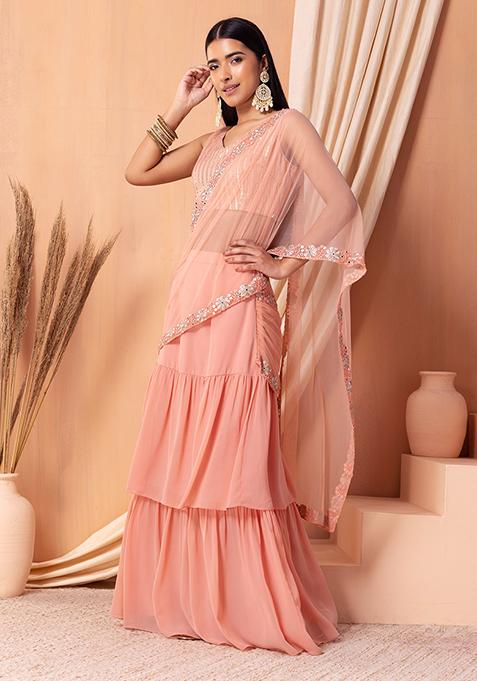 Pink Ruffled Pre-Stitched Saree Set With Blouse 