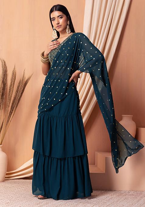 Teal Sequin Embroidered Pre-Stitched Saree Set With Blouse 