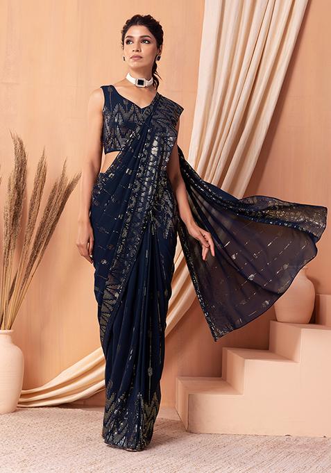 Navy Foil Work Pre-Stitched Saree Set With Blouse 