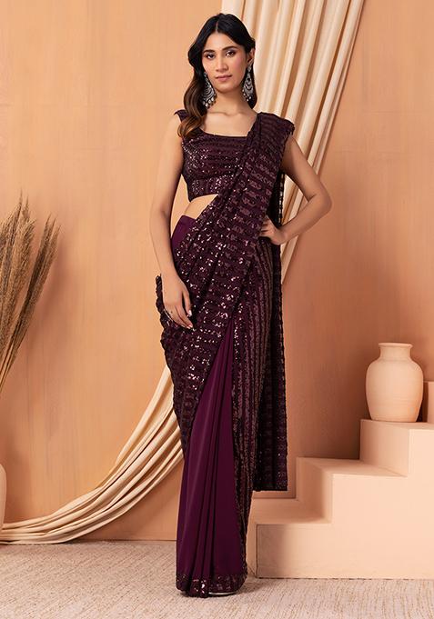 Maroon Sequin Embroidered Pre-Stitched Saree Set With Sleeveless Blouse 