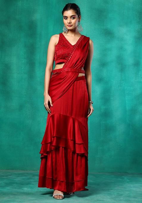 Red High Low Pre-Stitched Saree Set With Embroidered Blouse And Belt