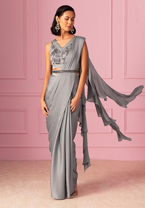 Grey Ruffled Pre-Stitched Saree Set With Embroidered Blouse And Belt